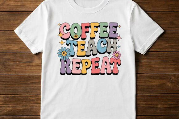 Coffee Teach Repeat PNG, Retro Teach Tee