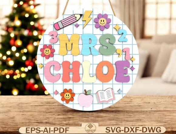 Retro Teacher Name Round Door Sign SVG
